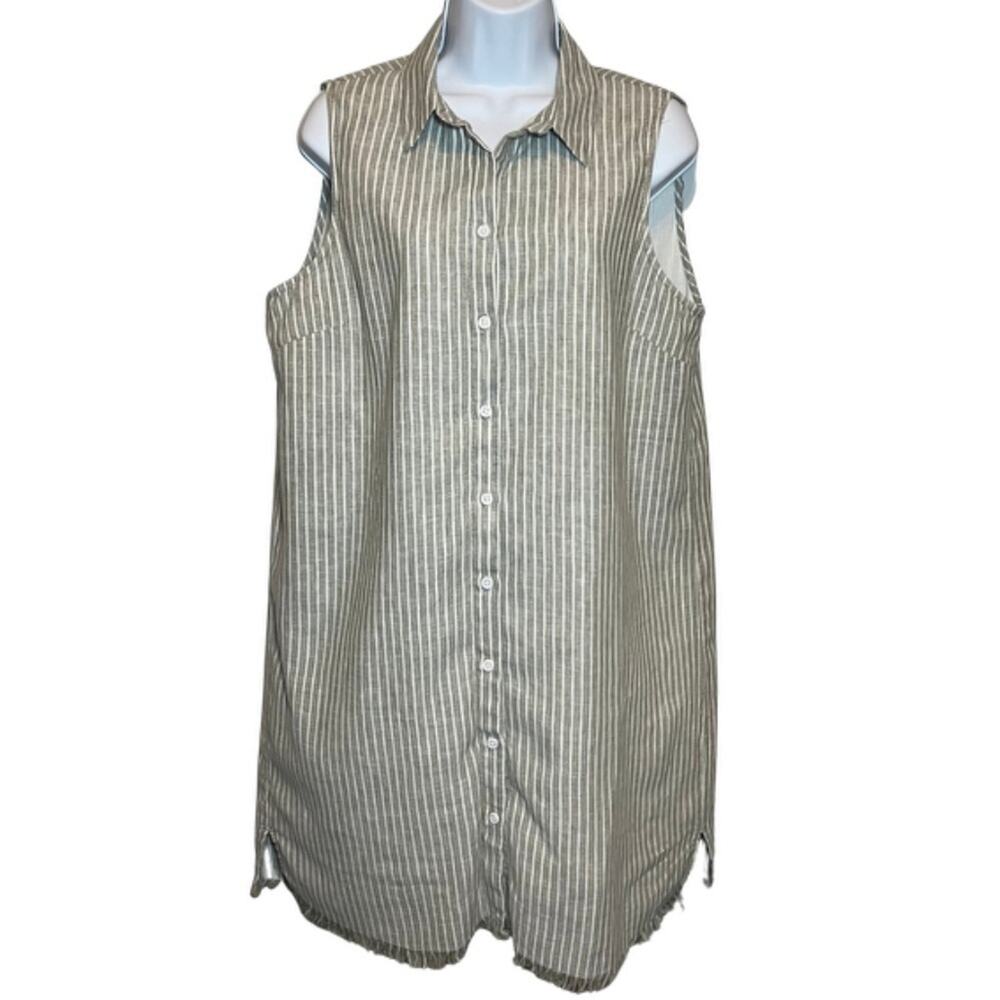 Beachlunchlounge Womens Striped Sleeveless Button-Up Linen Dress, L